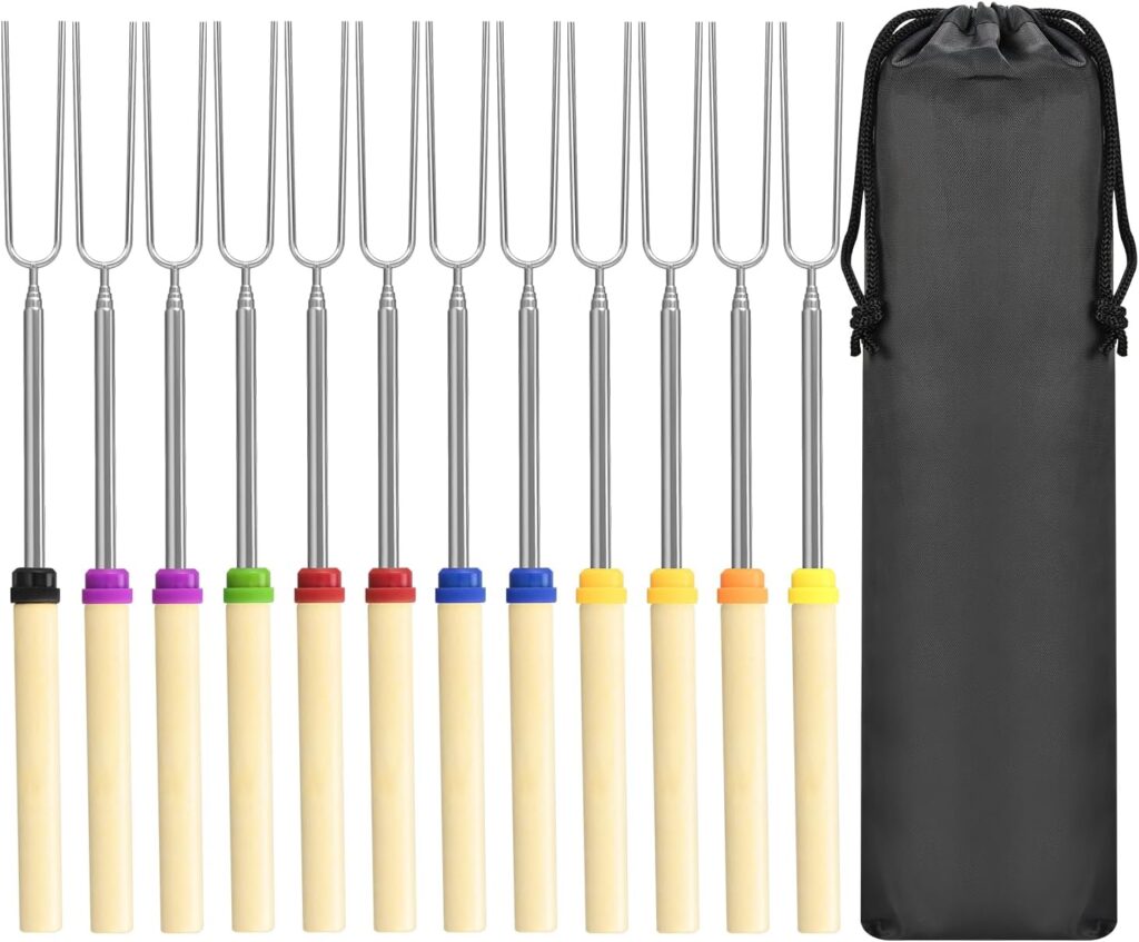 12 Pack Marshmallow Roasting Sticks Set, Extendable 32in Long Metal Barbecue Skewers with Wooden Handle, for Marshmallow, Hot Dogs, Camping, BBQ, Grill