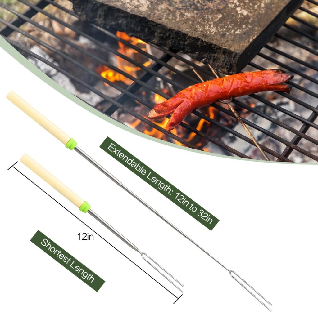 12 Pack Marshmallow Roasting Sticks Set, Extendable 32in Long Metal Barbecue Skewers with Wooden Handle, for Marshmallow, Hot Dogs, Camping, BBQ, Grill