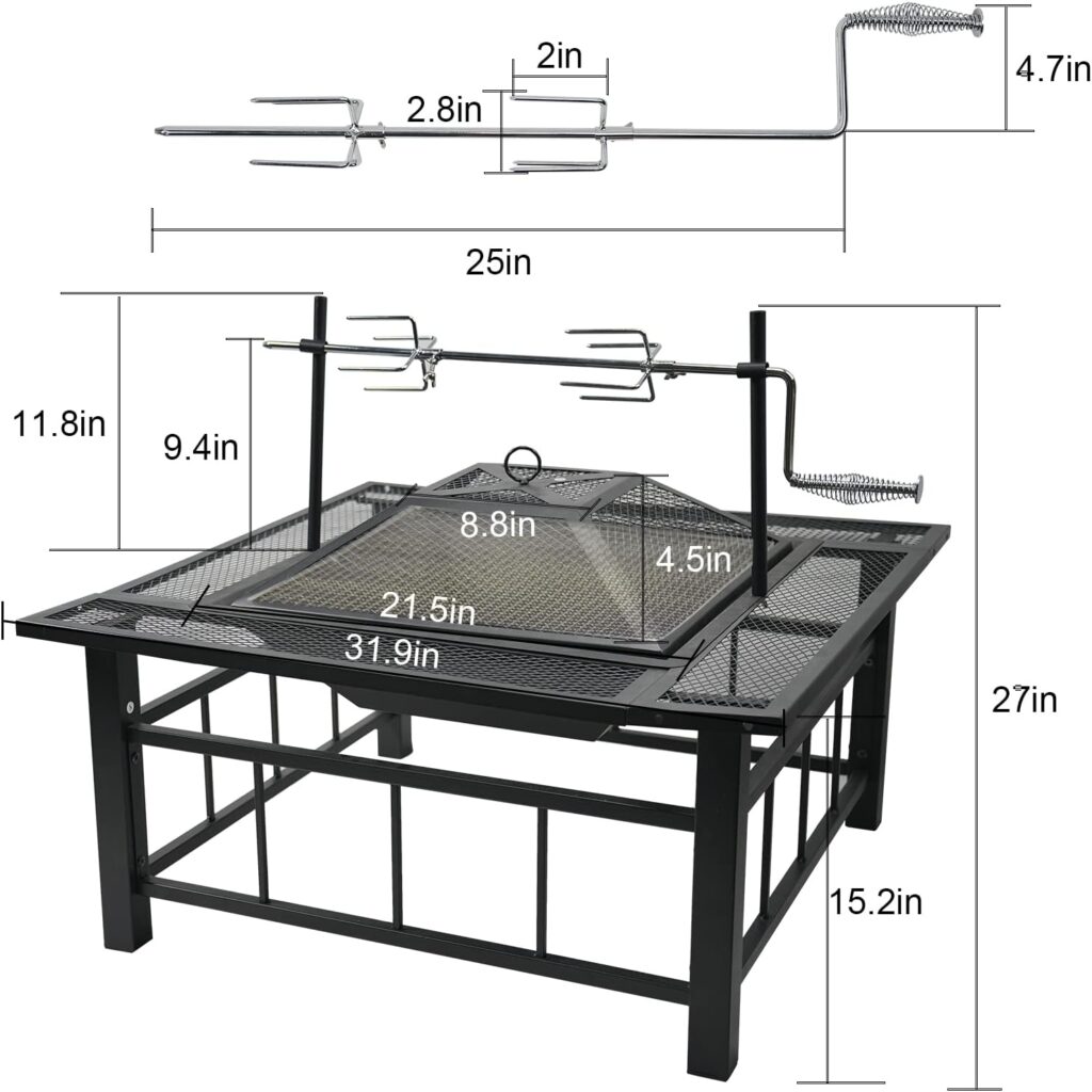 32 Inch Fire Pit Table with Swivel Grill for Outside, Large Square Outdoor Wood Burning Firepit with BBQ Grill Grate, Mesh Spark, Log Grate, Poker for Backyard Garden Patio Camping Picnic