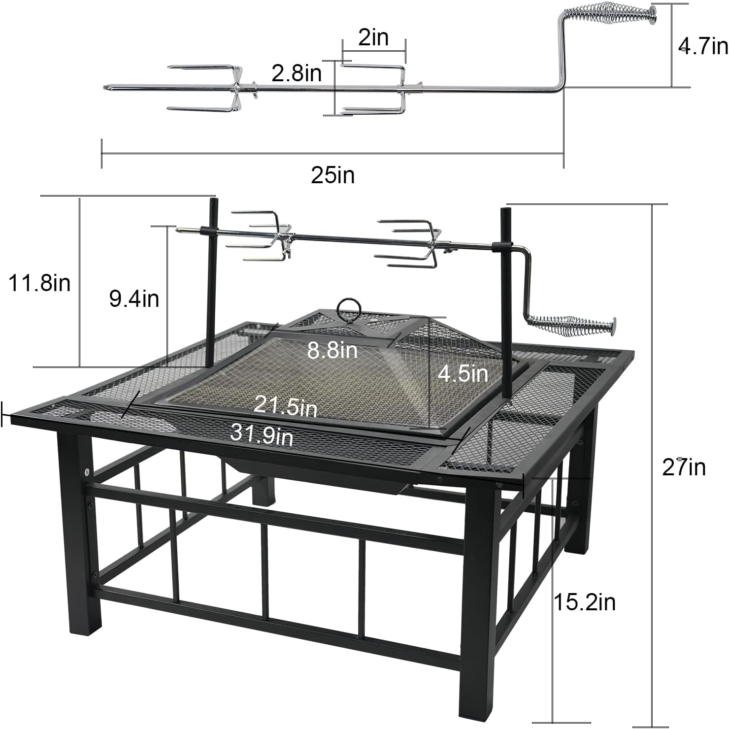 32 Inch Fire Pit Table with Swivel Grill for Outside, Large Square Outdoor Wood Burning Firepit with BBQ Grill Grate, Mesh Spark, Log Grate, Poker for Backyard Garden Patio Camping Picnic