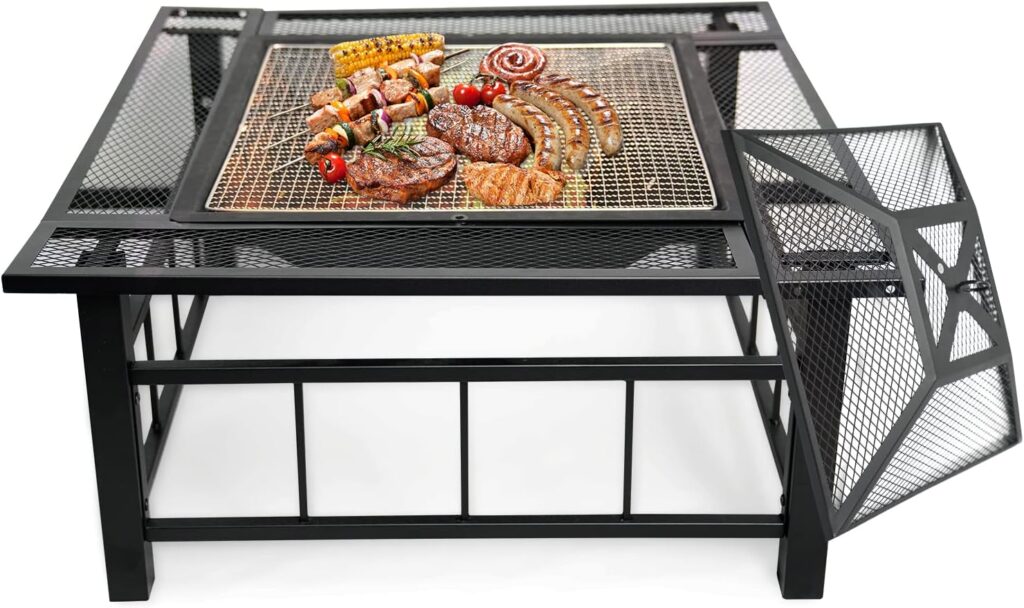 32 Inch Fire Pit Table with Swivel Grill for Outside, Large Square Outdoor Wood Burning Firepit with BBQ Grill Grate, Mesh Spark, Log Grate, Poker for Backyard Garden Patio Camping Picnic