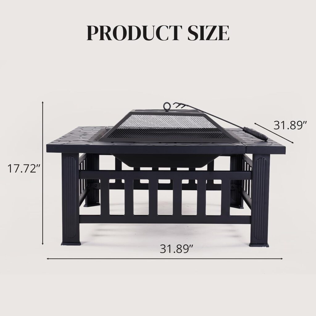 32 Inch Fire Pit, Wood Burning FirePit with Screen, Cover and Log Poker for Outdoor and Patio