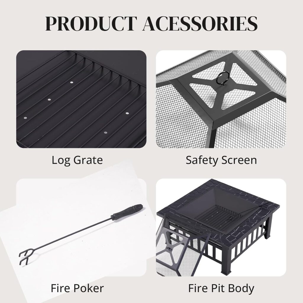 32 Inch Fire Pit, Wood Burning FirePit with Screen, Cover and Log Poker for Outdoor and Patio