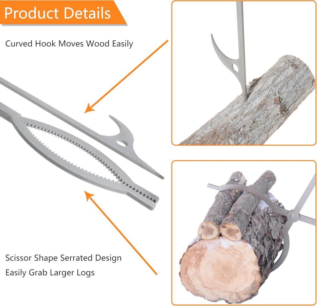 40 Fire Tongs Firewood Grabbers and Fire Poker Set, Stainless Steel Large Log Grabbers for Outdoor Fireset Fire Pit Bonfire Campfire Backyard Deck Indoor Fireplace Tools Set