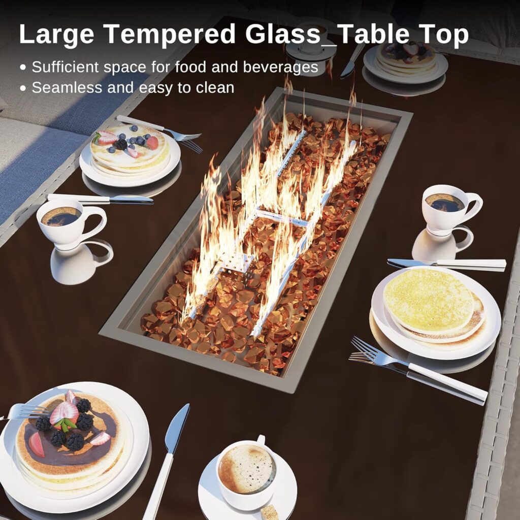 EAST OAK Propane Fire Pit Table, 60,000 BTU Gas Firepit W/Large Tempered Glass Tabletop, CSA Certified Outdoor Patio Fire Table with 9.2 lbs Glass Stone  Removable Lid, Grey