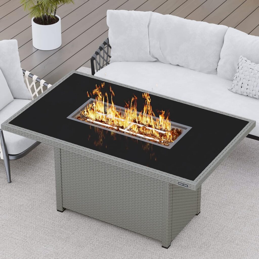 EAST OAK Propane Fire Pit Table, 60,000 BTU Gas Firepit W/Large Tempered Glass Tabletop, CSA Certified Outdoor Patio Fire Table with 9.2 lbs Glass Stone  Removable Lid, Grey