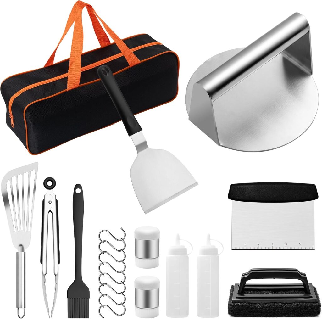 Griddle Accessories Smashed Burger Kit, PCS Griddle Grilling Tool Set with Stainless Steel Smashed Burger Press, Grill Spatulas, Chopper, Tongs, and Storage Bag, for Outdoor BBQ and Cooking