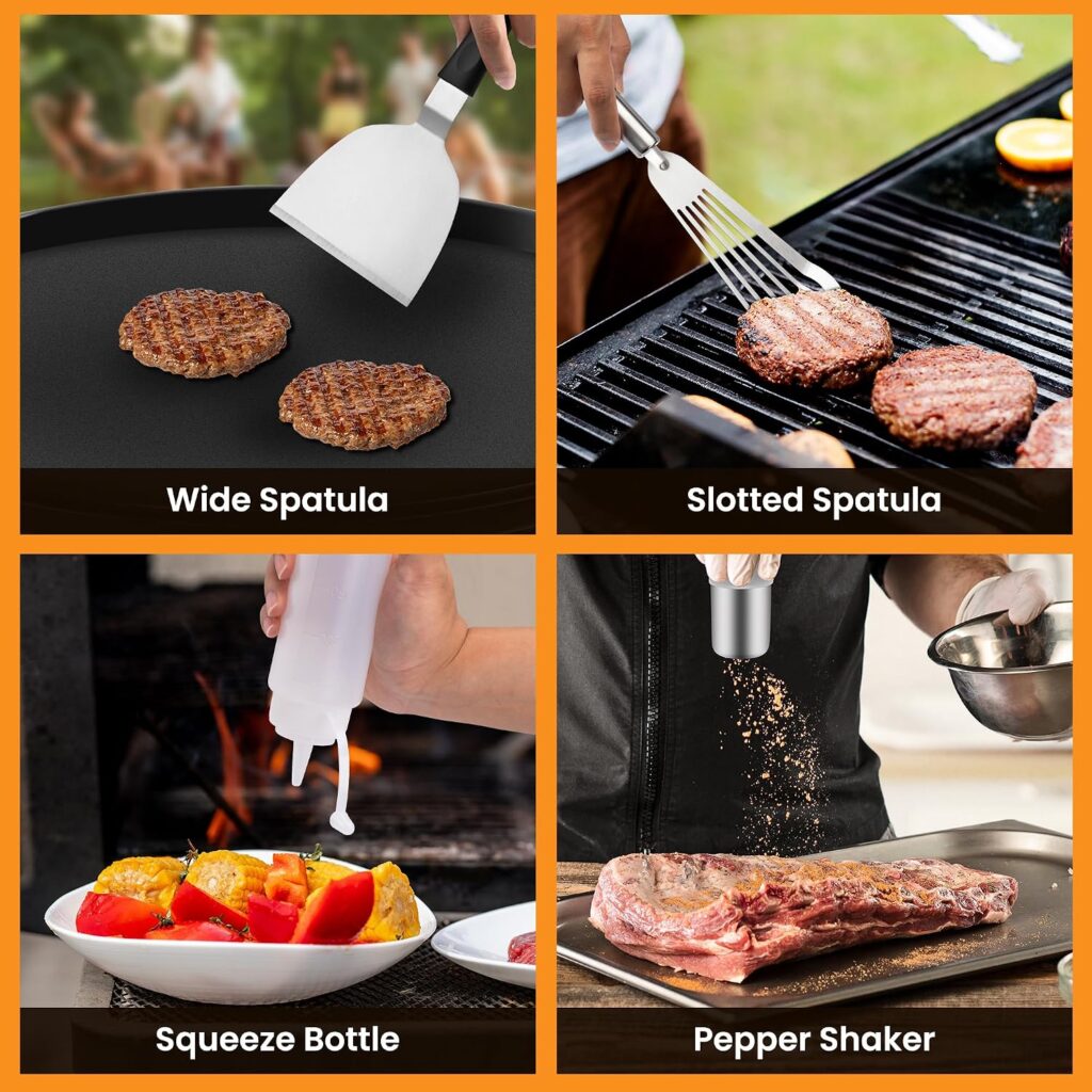 Griddle Accessories Smashed Burger Kit, PCS Griddle Grilling Tool Set with Stainless Steel Smashed Burger Press, Grill Spatulas, Chopper, Tongs, and Storage Bag, for Outdoor BBQ and Cooking
