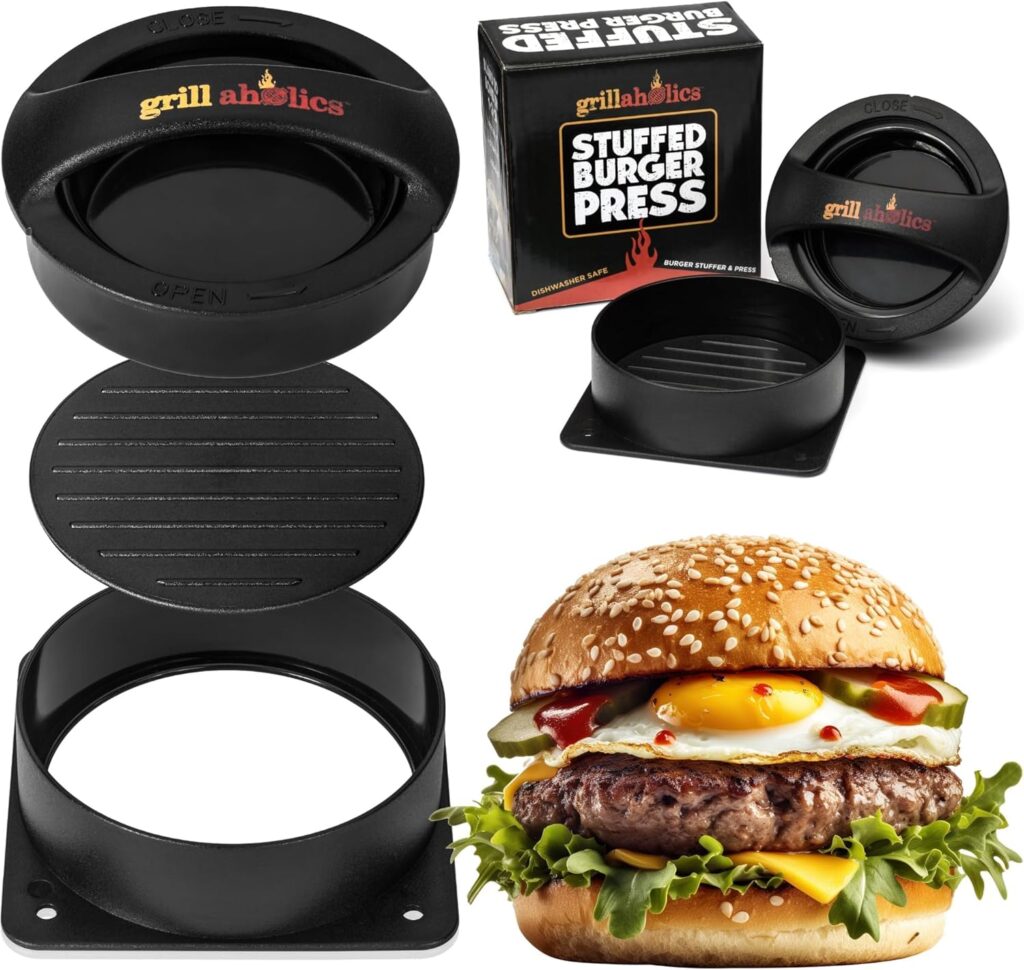 Grillaholics Stuffed Burger Press and Recipe eBook - Extended Warranty - Burger Stuffer  Hamburger Patty Maker - The Perfect Grilling Gift  Stocking Stuffer
