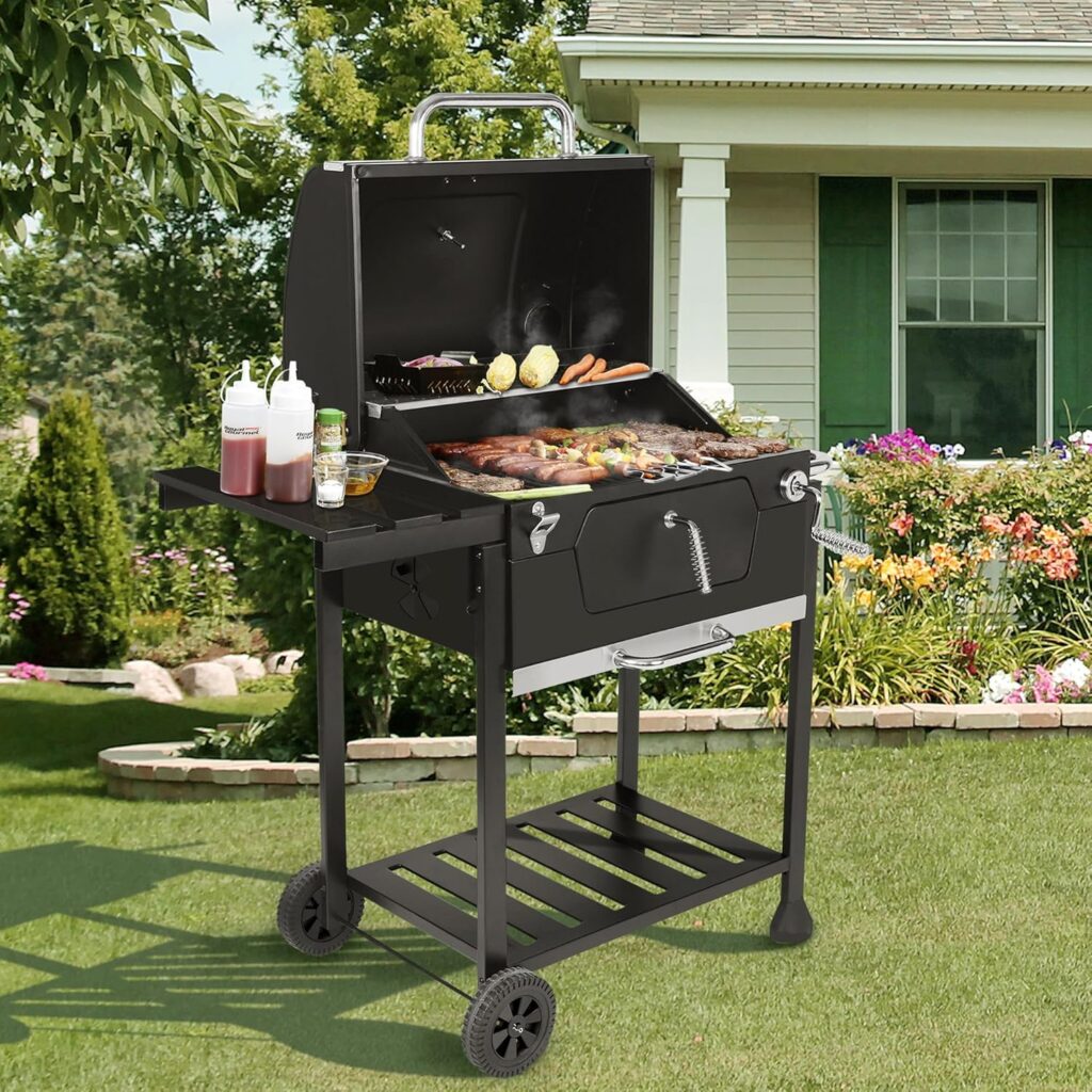 Royal Gourmet CD1824G Inch Charcoal Grill with Foldable Side Table, Outdoor BBQ Grill with Sq. In. Cooking Area for Picnic and Camping Grilling, Black