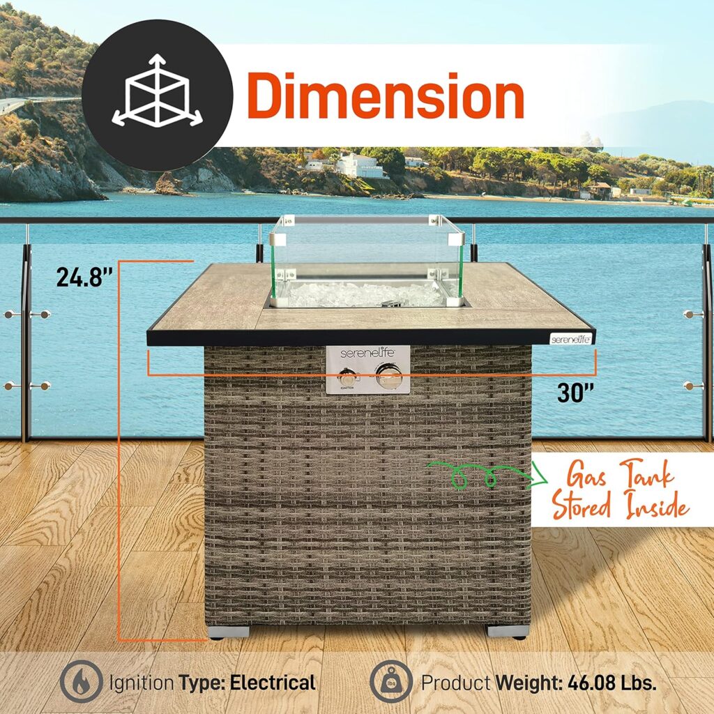 SereneLife Propane Fire Pit Table, BTU CSA/ETL Certified Safe Gas Table with Sturdy Wicker Base, Stainless Steel Burner, Glass Wind Guard  Cover, Outdoor Fireplaces for Parties