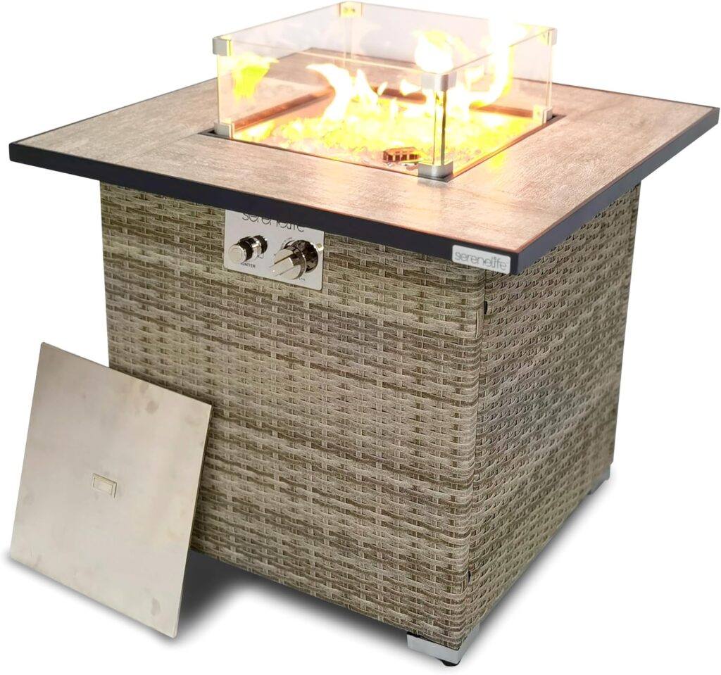 SereneLife Propane Fire Pit Table, BTU CSA/ETL Certified Safe Gas Table with Sturdy Wicker Base, Stainless Steel Burner, Glass Wind Guard  Cover, Outdoor Fireplaces for Parties