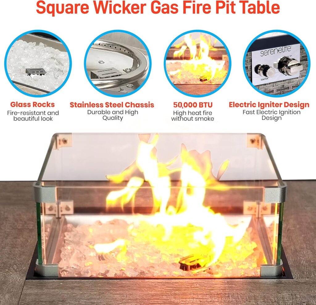 SereneLife Propane Fire Pit Table, BTU CSA/ETL Certified Safe Gas Table with Sturdy Wicker Base, Stainless Steel Burner, Glass Wind Guard  Cover, Outdoor Fireplaces for Parties