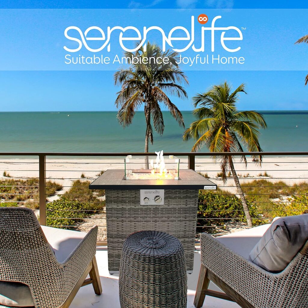 SereneLife Propane Fire Pit Table, BTU CSA/ETL Certified Safe Gas Table with Sturdy Wicker Base, Stainless Steel Burner, Glass Wind Guard  Cover, Outdoor Fireplaces for Parties