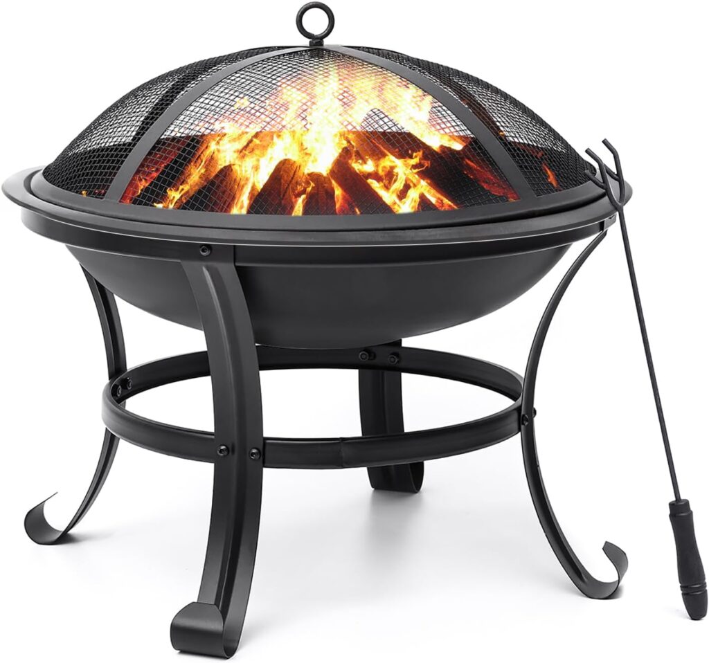 SINGLYFIRE inch Fire Pit for Outside Outdoor Wood Burning Small Bonfire Pit Steel Firepit Bowl for Patio Camping Backyard Deck Picnic Porch,with Spark Screen,Log Grate,Poker