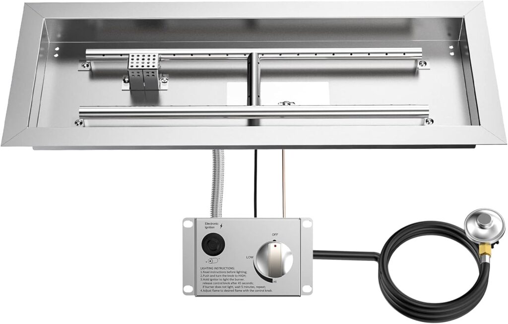 Skyflame Round Stainless Steel Fire Pit Drop-in Burner Kit with Flame Sensing, Electronic Spark Ignition, Propane Regulator Connector Hose Set for Propane Tank