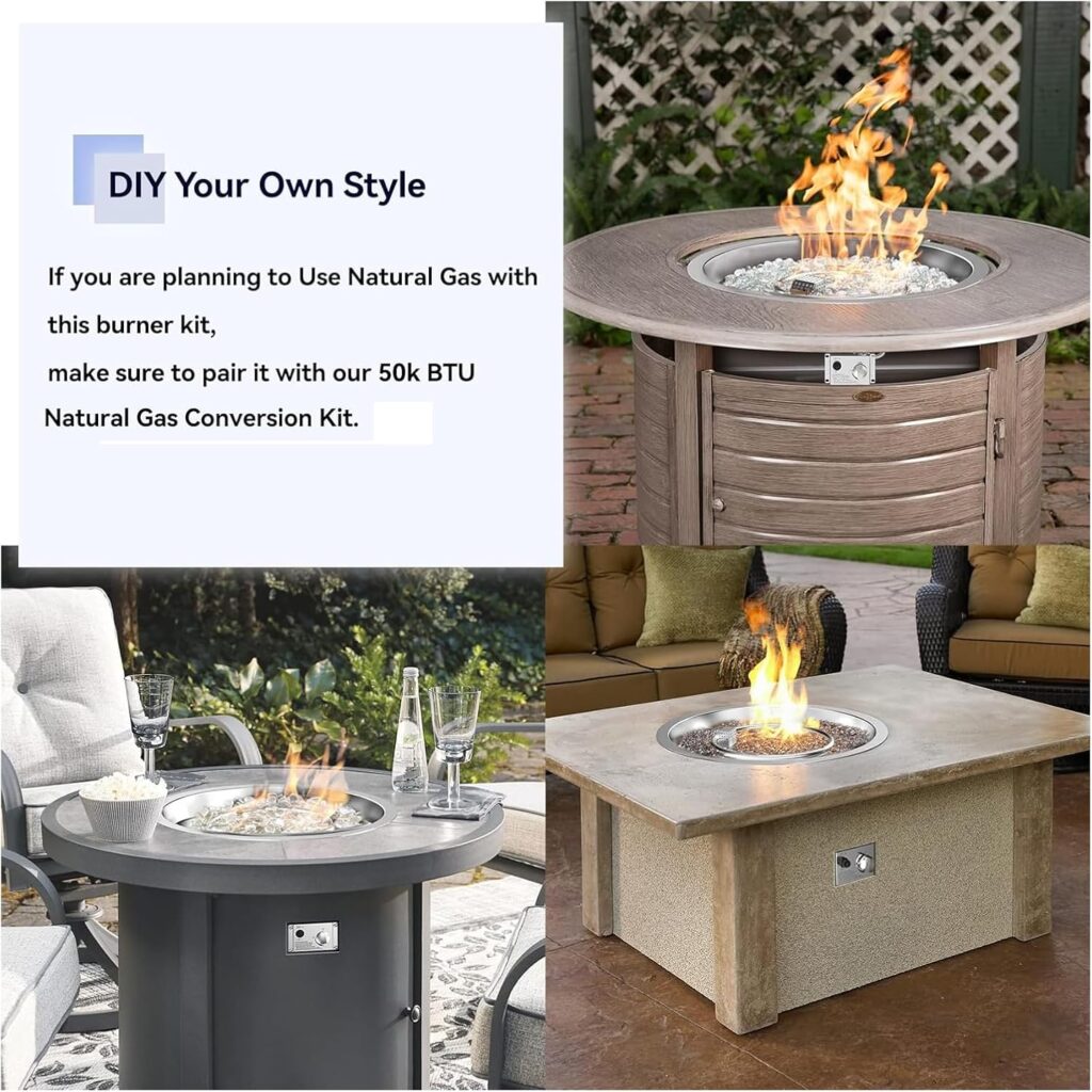 Skyflame Round Stainless Steel Fire Pit Drop-in Burner Kit with Flame Sensing, Electronic Spark Ignition, Propane Regulator Connector Hose Set for Propane Tank