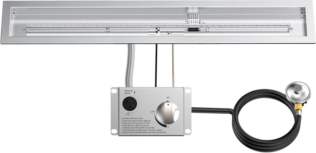 Skyflame Round Stainless Steel Fire Pit Drop-in Burner Kit with Flame Sensing, Electronic Spark Ignition, Propane Regulator Connector Hose Set for Propane Tank