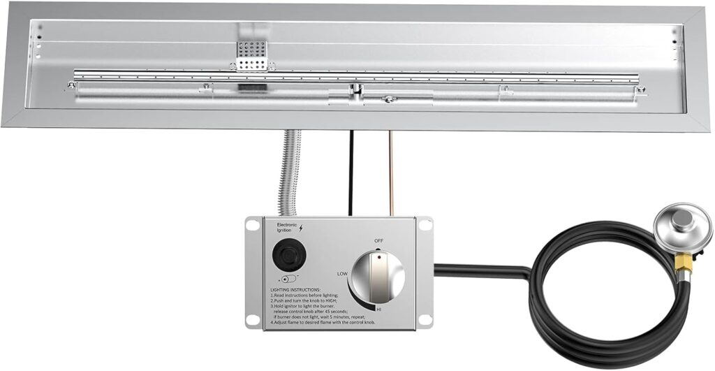 Skyflame Round Stainless Steel Fire Pit Drop-in Burner Kit with Flame Sensing, Electronic Spark Ignition, Propane Regulator Connector Hose Set for Propane Tank