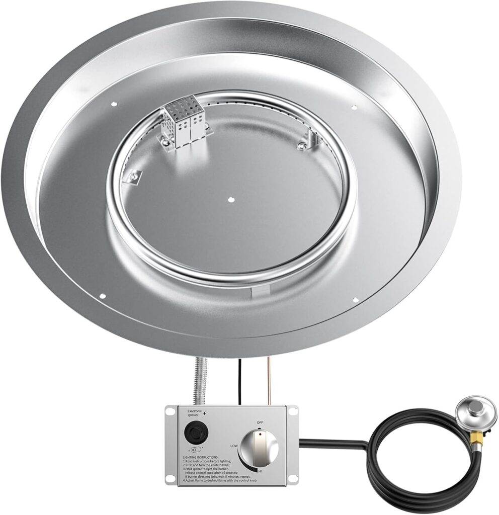 Skyflame Round Stainless Steel Fire Pit Drop-in Burner Kit with Flame Sensing, Electronic Spark Ignition, Propane Regulator Connector Hose Set for Propane Tank