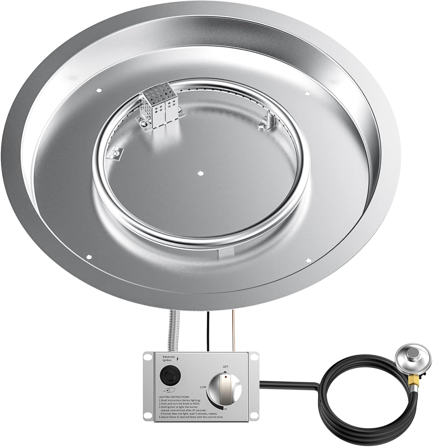 Skyflame 19″ Round Stainless Steel Fire Pit Drop-in Burner Kit with Flame Sensing, Electronic Spark Ignition, Propane Regulator Connector Hose Set for Propane Tank