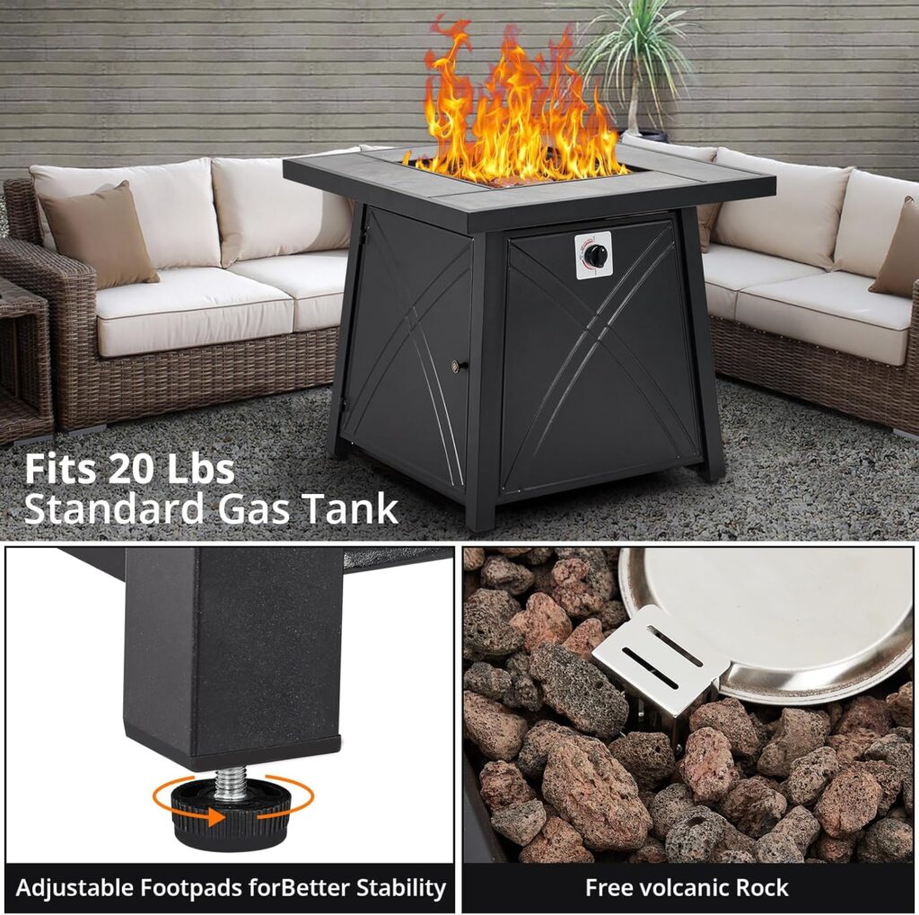 28 Inch Gas Fire Pit Table,50,000 BTU Propane Fire Table with Steel Lid and Volcanic Rock,Auto Electronic Ignition, Adjustable Footpads for Gatherings Parties on Patio Deck Garden Backyard,Black 28 Inch Gas Fire Pit Table,50,000 BTU Propane Fire Table with Steel Lid and Volcanic Rock,Auto Electronic Ignition, Adjustable Footpads for Gatherings Parties on Patio Deck Garden Backyard,Black