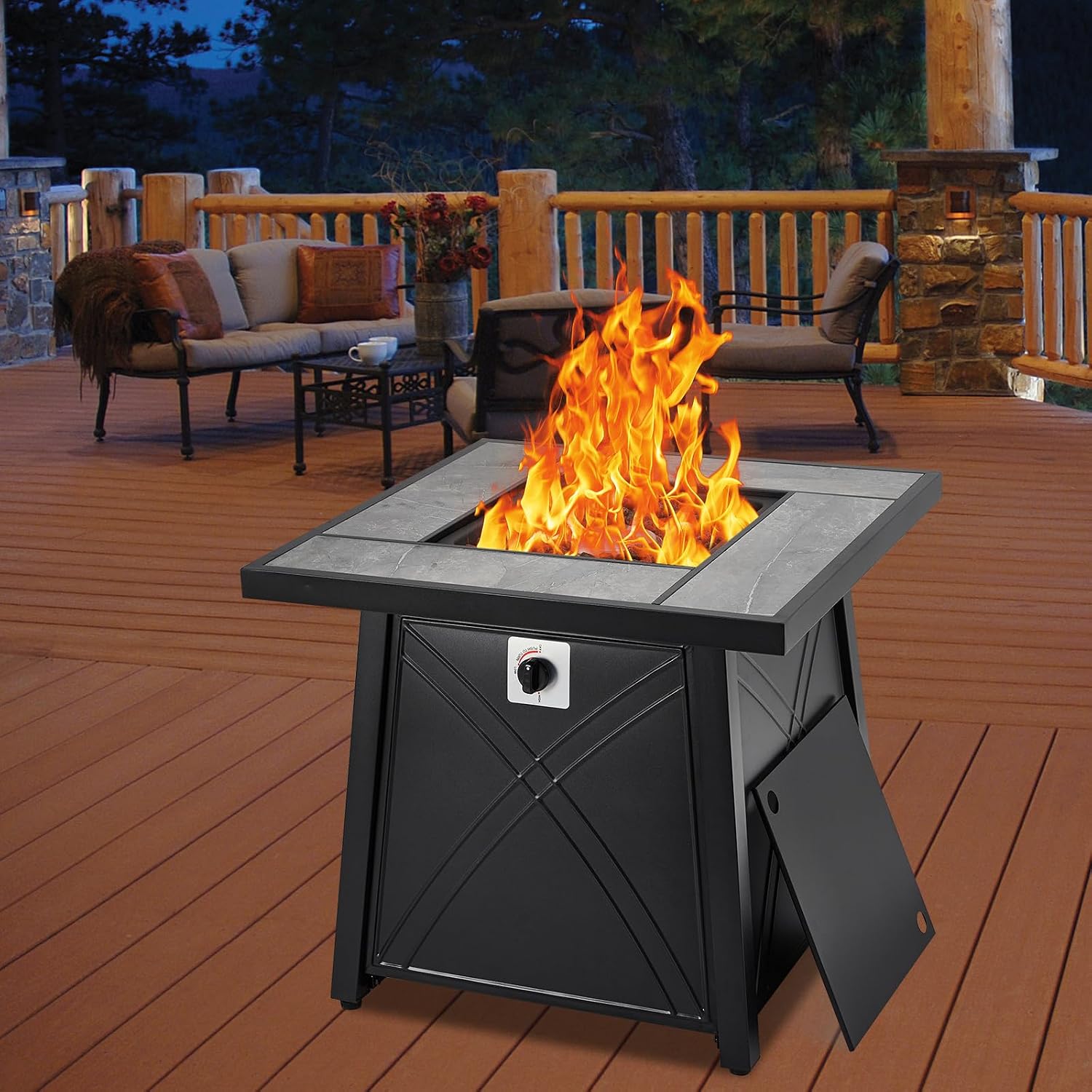 28 Inch Gas Fire Pit Table,50,000 BTU Propane Fire Table with Steel Lid and Volcanic Rock,Auto Electronic Ignition, Adjustable Footpads for Gatherings Parties on Patio Deck Garden Backyard,Black