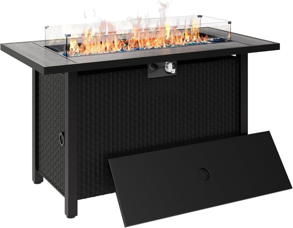 45 inch Outdoor Propane Fire Pit 50,000 BTU Gas Fire Pit Table with Lid, Glass Wind Guard, Waterproof Cover, Rectangle Gas Firepit Table for Garden/Patio, CSA Certification