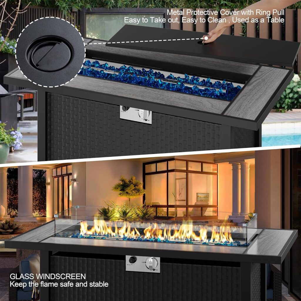 45 inch Outdoor Propane Fire Pit 50,000 BTU Gas Fire Pit Table with Lid, Glass Wind Guard, Waterproof Cover, Rectangle Gas Firepit Table for Garden/Patio, CSA Certification
