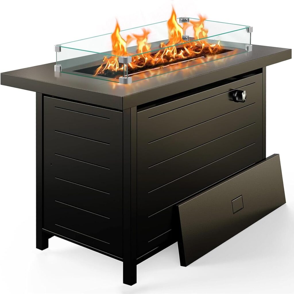 Ciays Inch Gas Fire Pit Table, 60,000 BTU Propane Pits for Outside with Steel Lid and Lava Rock, in Firepit Table Gatherings Parties on Patio Deck Garden Backyard, Black