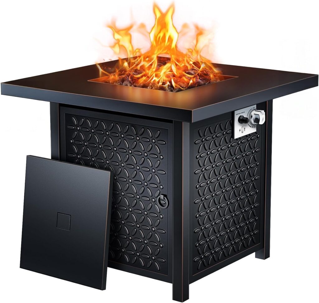 Ciays Inch Gas Fire Pit Table, 60,000 BTU Propane Pits for Outside with Steel Lid and Lava Rock, in Firepit Table Gatherings Parties on Patio Deck Garden Backyard, Black