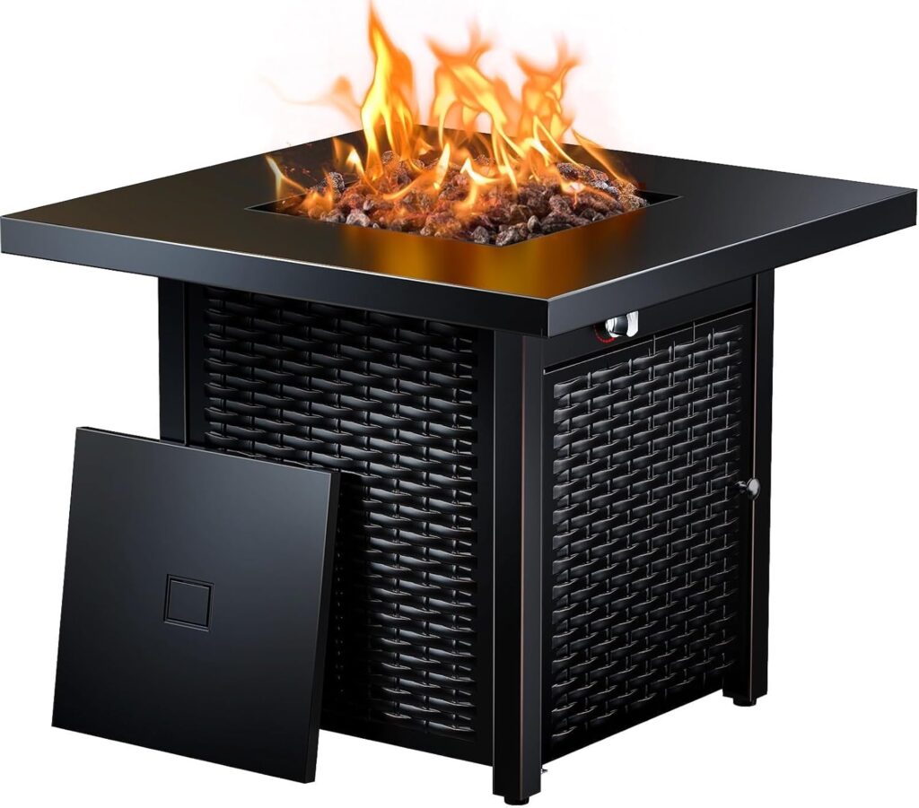 Ciays Inch Gas Fire Pit Table, 60,000 BTU Propane Pits for Outside with Steel Lid and Lava Rock, in Firepit Table Gatherings Parties on Patio Deck Garden Backyard, Black