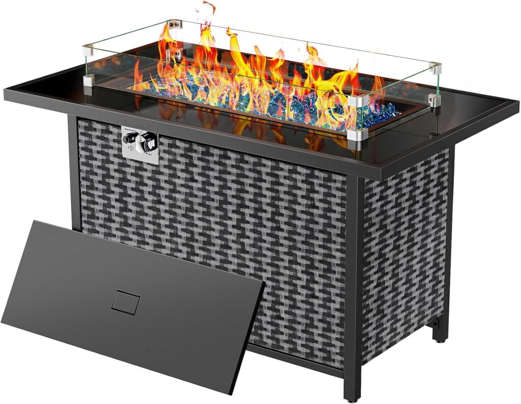 Ciays Inch Gas Fire Pit Table, 60,000 BTU Propane Pits for Outside with Steel Lid and Lava Rock, in Firepit Table Gatherings Parties on Patio Deck Garden Backyard, Black