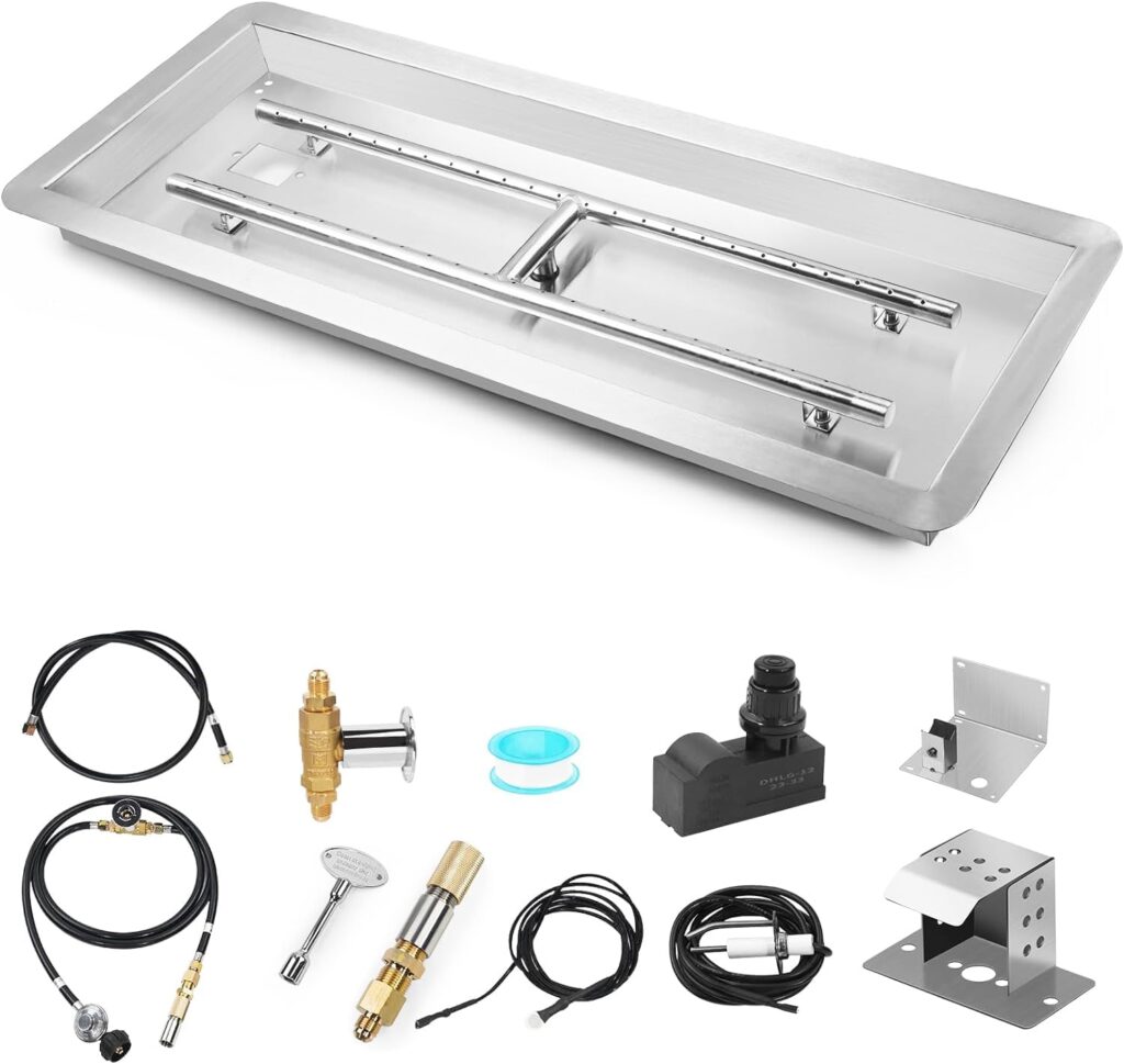 Fire Pit Pan Kit Drop-in,10x Rectangular Propane Gas Firepit Kit with H-Burner Installed, Spark Ignition Propane Hose Set, Rated for up to 185,000 BTU Max for Indoor Outdoor DIY Burner Pan
