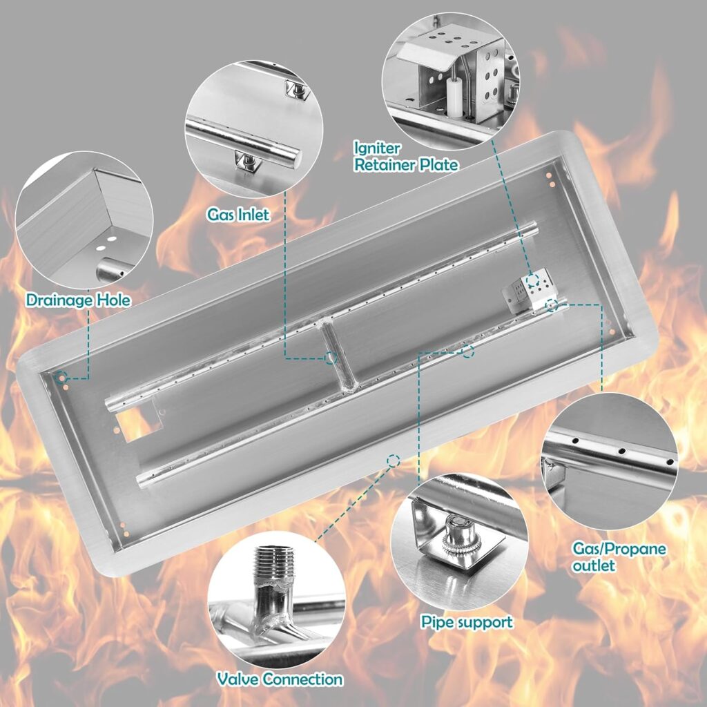 Fire Pit Pan Kit Drop-in,10x Rectangular Propane Gas Firepit Kit with H-Burner Installed, Spark Ignition Propane Hose Set, Rated for up to 185,000 BTU Max for Indoor Outdoor DIY Burner Pan