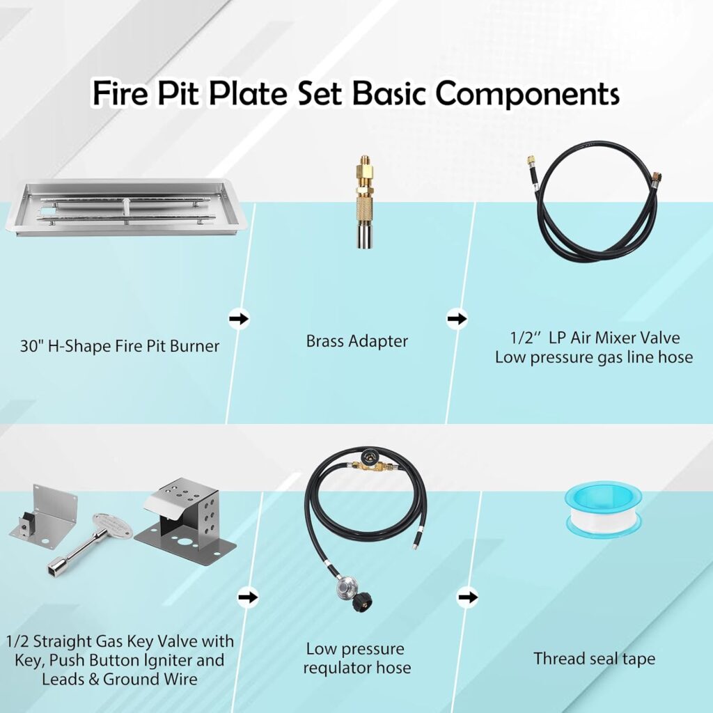 Fire Pit Pan Kit Drop-in,10x Rectangular Propane Gas Firepit Kit with H-Burner Installed, Spark Ignition Propane Hose Set, Rated for up to 185,000 BTU Max for Indoor Outdoor DIY Burner Pan