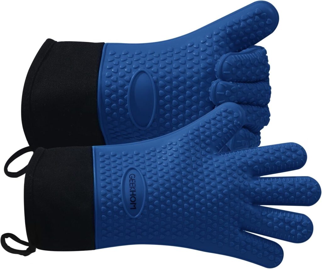 GEEKHOM BBQ Gloves Heat Resistant Oven Mitts - Silicone Grilling Gloves with 13.7 Arm Protection - Waterproof Pot Holder Non-Slip for Men  Women, Kitchen Outdoor Cooking, Baking, Camping, Royal Blue