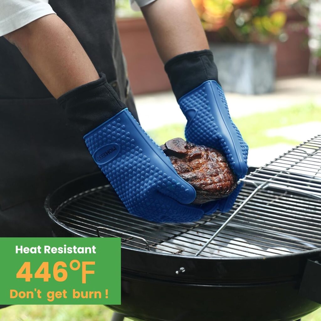 GEEKHOM BBQ Gloves Heat Resistant Oven Mitts - Silicone Grilling Gloves with 13.7 Arm Protection - Waterproof Pot Holder Non-Slip for Men  Women, Kitchen Outdoor Cooking, Baking, Camping, Royal Blue