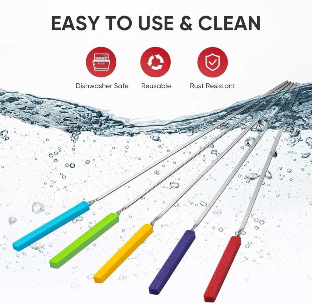 Grill Skewers with Silicone Handle, Long Kebab Skewers, Pack Reusable Stainless Steel Flat Skewer Sticks for Party Grilling BBQ Barbecue, Storage Bag Included (10PCS, Multicolor)