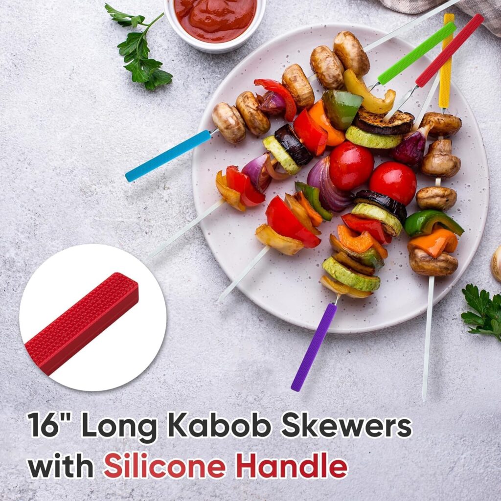 Grill Skewers with Silicone Handle, Long Kebab Skewers, Pack Reusable Stainless Steel Flat Skewer Sticks for Party Grilling BBQ Barbecue, Storage Bag Included (10PCS, Multicolor)