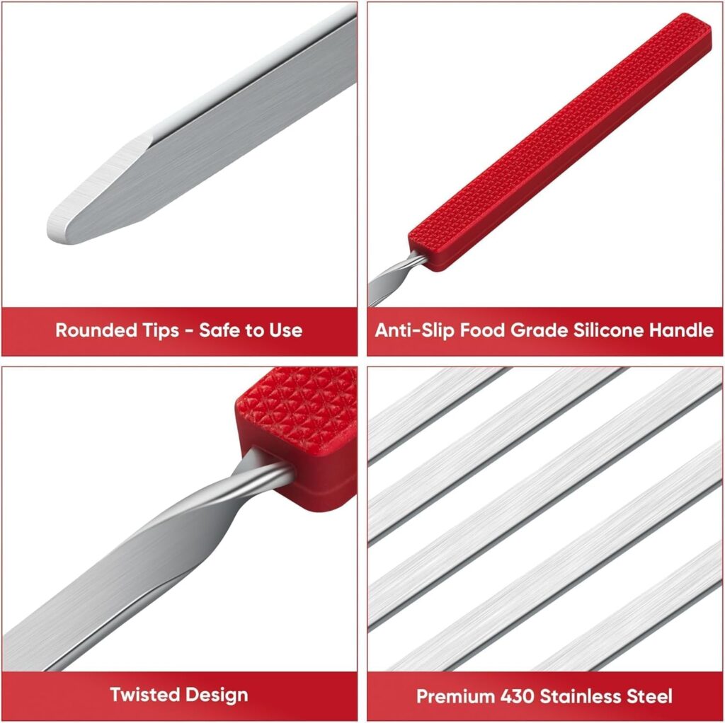 Grill Skewers with Silicone Handle, Long Kebab Skewers, Pack Reusable Stainless Steel Flat Skewer Sticks for Party Grilling BBQ Barbecue, Storage Bag Included (10PCS, Multicolor)