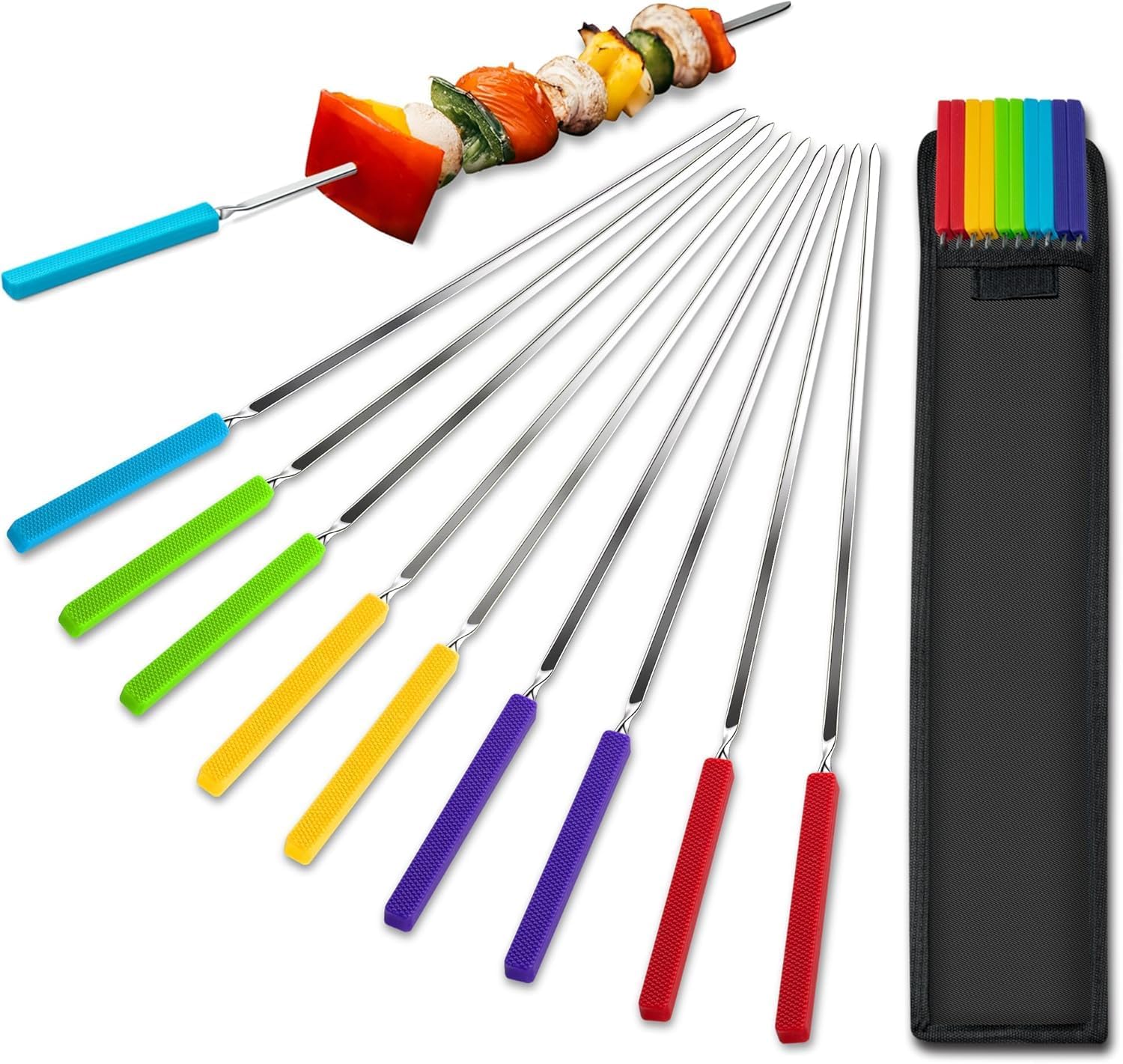 Grill Skewers with Silicone Handle, 16″ Long Kebab Skewers, 10 Pack Reusable Stainless Steel Flat Skewer Sticks for Party Grilling BBQ Barbecue, Storage Bag Included (10PCS, Multicolor)