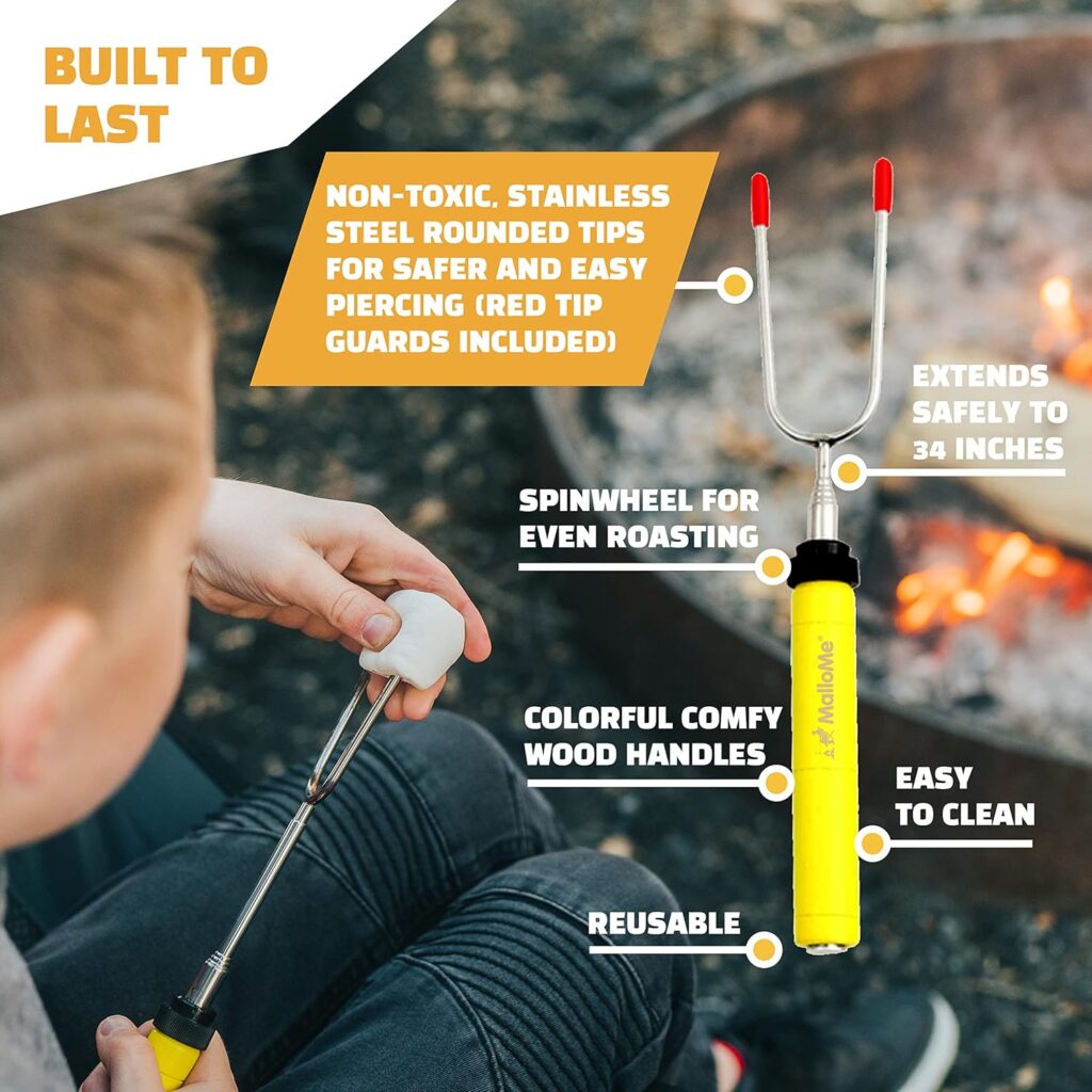 MalloMe Smores Sticks for Fire Pit -Rotating inch Marshmallow Roasting Sticks Smores Kit Outdoor -Accessories for Campfire- Smore Skewers Hot Dog Fork, Camping Essentials Bonfire Gear Long (6 Pack)