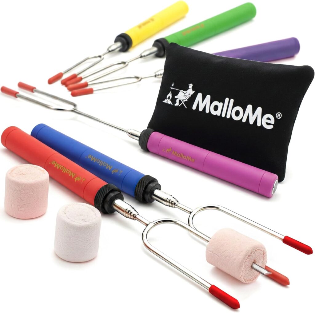 MalloMe Smores Sticks for Fire Pit -Rotating inch Marshmallow Roasting Sticks Smores Kit Outdoor -Accessories for Campfire- Smore Skewers Hot Dog Fork, Camping Essentials Bonfire Gear Long (6 Pack)