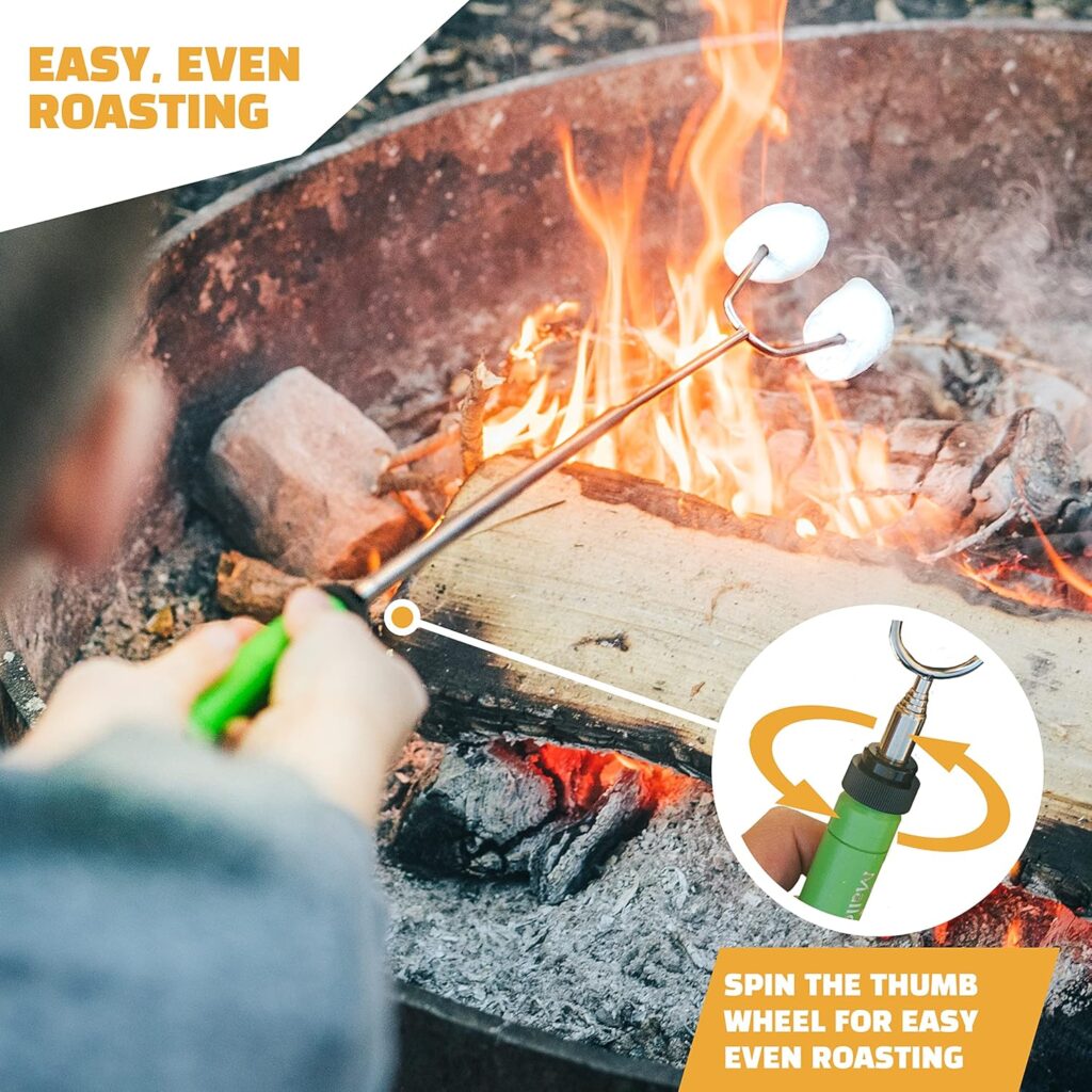 MalloMe Smores Sticks for Fire Pit -Rotating inch Marshmallow Roasting Sticks Smores Kit Outdoor -Accessories for Campfire- Smore Skewers Hot Dog Fork, Camping Essentials Bonfire Gear Long (6 Pack)