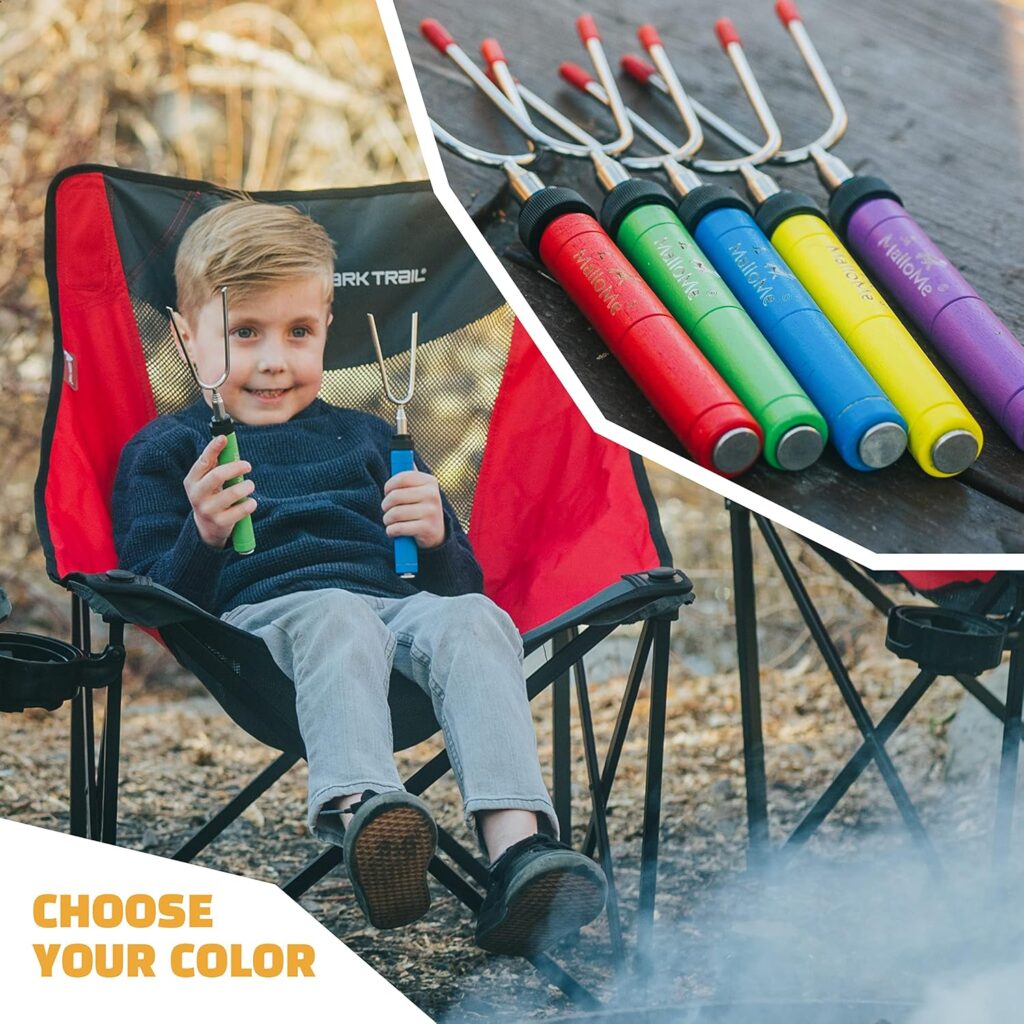 MalloMe Smores Sticks for Fire Pit -Rotating inch Marshmallow Roasting Sticks Smores Kit Outdoor -Accessories for Campfire- Smore Skewers Hot Dog Fork, Camping Essentials Bonfire Gear Long (6 Pack)