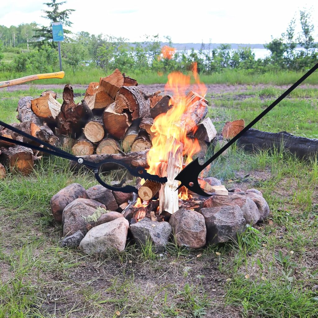 Messon Heavy Duty Fire Tong and Fire Poker Set, Large Fire Pit Tool, Outdoor Camping Portable Log Grabber Tool, Safely Moves Wood-Burning for Bonfire Fire Pit  Fireplace