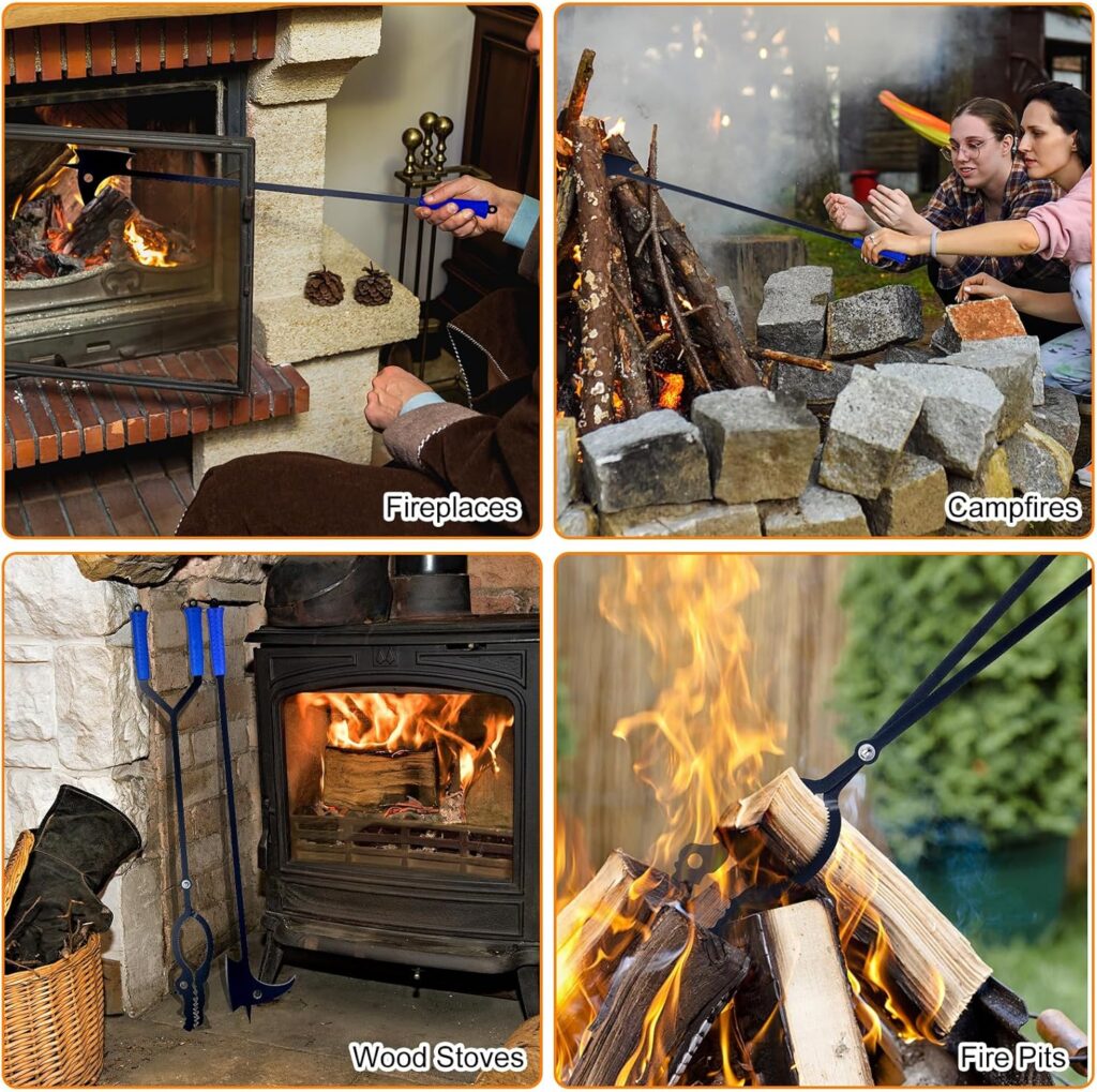 Messon Heavy Duty Fire Tong and Fire Poker Set, Large Fire Pit Tool, Outdoor Camping Portable Log Grabber Tool, Safely Moves Wood-Burning for Bonfire Fire Pit  Fireplace