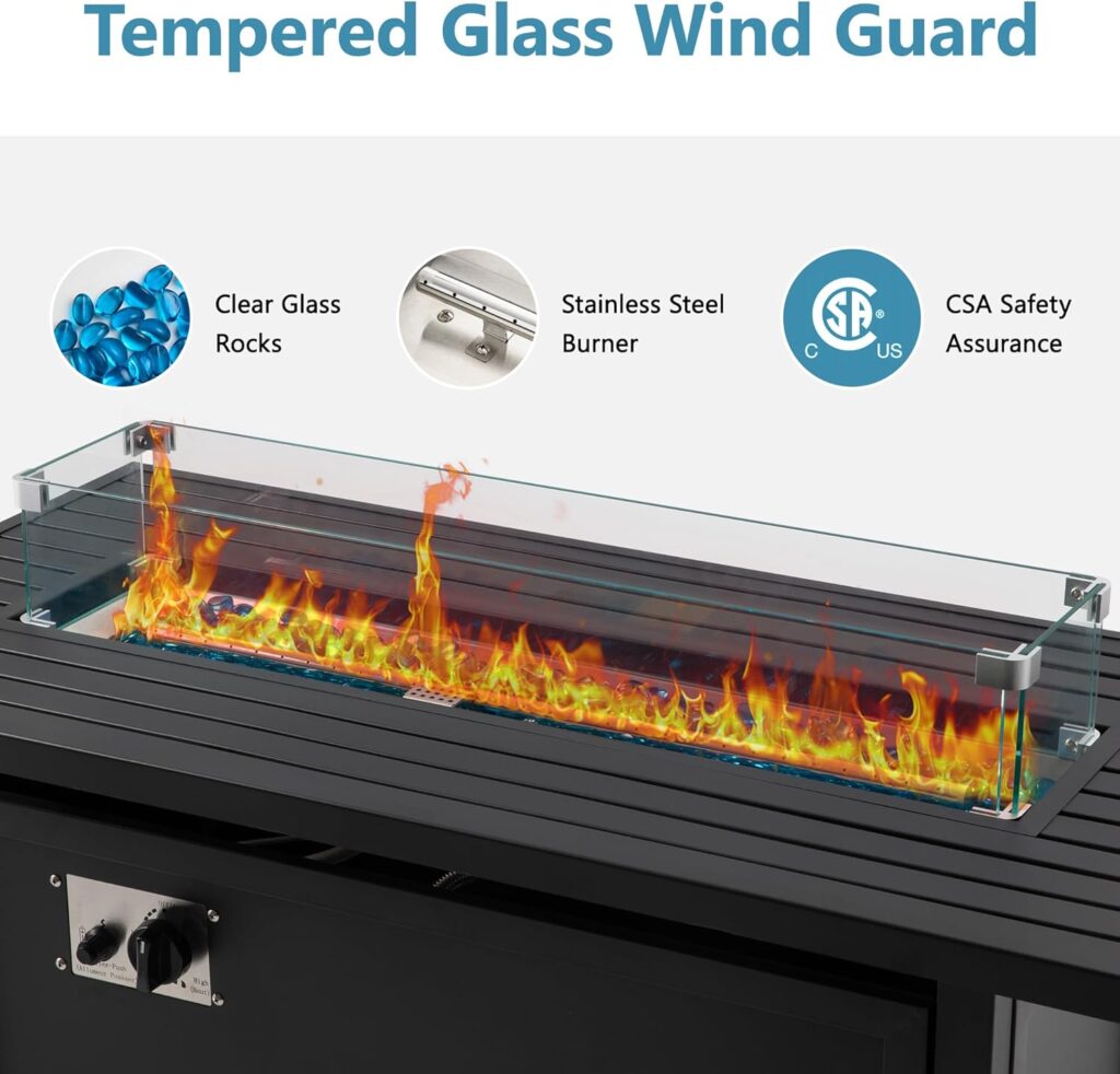 Nekou 45” Outdoor Propane Fire Pit Table, BTU Rectangular Fire Pit with Glass Wind Guard for Patio, Deck, Backyard, CSA Certification, Black