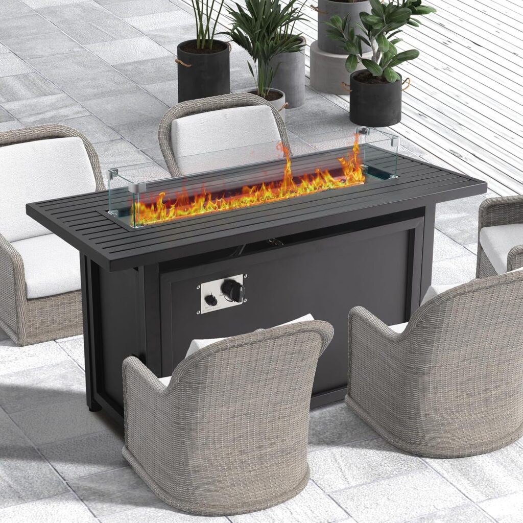 Nekou 45” Outdoor Propane Fire Pit Table, BTU Rectangular Fire Pit with Glass Wind Guard for Patio, Deck, Backyard, CSA Certification, Black